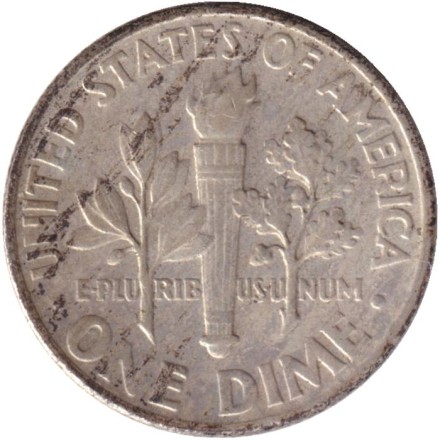 Монета 10 центов. 1961 год, США. Без обозначения монетного двора. Рузвельт.