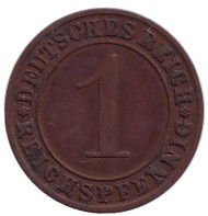 Монета 1 рейхспфенниг. 1928 год (А), Веймарская республика. Монета 1 рейхспфенниг. 1928 год (А), Веймарская республика.
