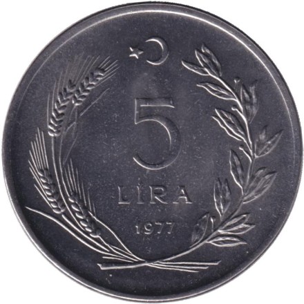 Монета 5 лир. 1977 год, Турция. ФАО. Хлеб и жилье для всех.