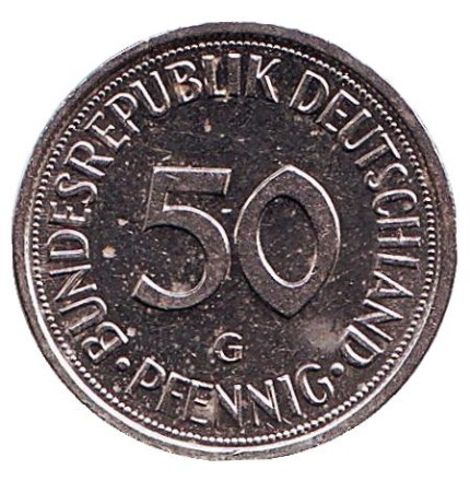 Монета 50 пфеннигов. 1989 (G) год, ФРГ. Женщина, сажающая дуб. Монета 50 пфеннигов. 1989 (G) год, ФРГ. Женщина, сажающая дуб.