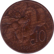 Монета 10 чентезимо. 1921 год, Италия. Пчела. Монета 10 чентезимо. 1921 год, Италия. Пчела.