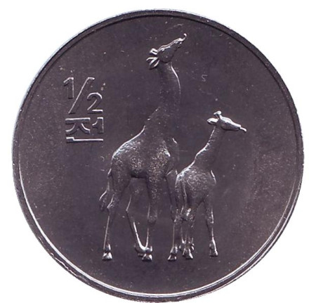 Монета 1/2 чона. 2002 год, Северная Корея. Жираф. Мир животных.