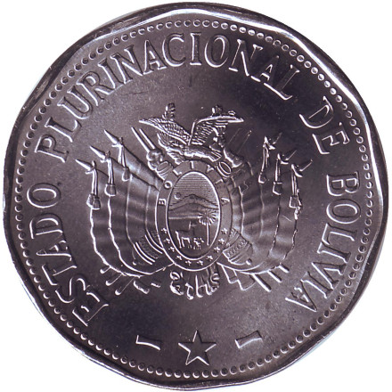 Монета 2 боливиано. 2017 год, Боливия.