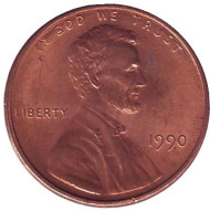 Монета 1 цент. 1990 год (P), США. Линкольн. Монета 1 цент. 1990 год (P), США. Линкольн.