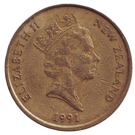 Монета 2 доллара. 1991 год, Новая Зеландия. Белая цапля.