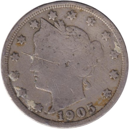 Монета 5 центов. 1905 год, США.
