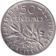 Монета 50 сантимов. 1906 год, Франция.