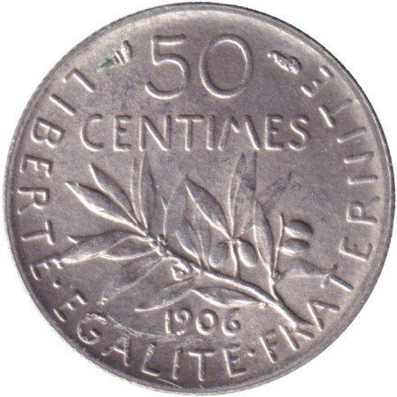 Монета 50 сантимов. 1906 год, Франция.
