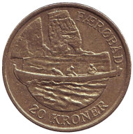 Монета 20 крон. 2009 год, Дания. Фарерская лодка. Монета 20 крон. 2009 год, Дания. Фарерская лодка.