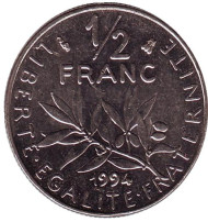 Монета 1/2 франка. 1994 год, Франция. (пчёлка)