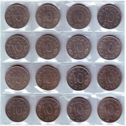 Погодовка монет Дании. (16 шт.), 10 эре. 1973-1988 гг., Дания.