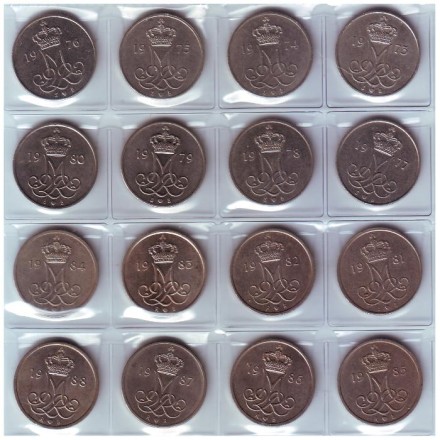 Погодовка монет Дании. (16 шт.), 10 эре. 1973-1988 гг., Дания. Погодовка монет Дании. (16 шт.), 10 эре. 1973-1988 гг., Дания.