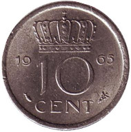 Монета 10 центов. 1965 год, Нидерланды. Монета 10 центов. 1965 год, Нидерланды.