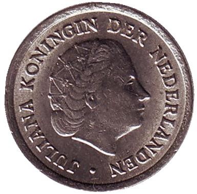 Монета 10 центов. 1965 год, Нидерланды. Монета 10 центов. 1965 год, Нидерланды.