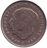 Монета 2 марки. 1972 год (G), ФРГ. Теодор Хойс. Монета 2 марки. 1972 год (G), ФРГ. Теодор Хойс.
