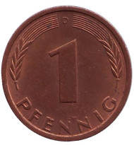 Монета 1 пфенниг. 1971 год (D), ФРГ. Дубовые листья. Монета 1 пфенниг. 1971 год (D), ФРГ. Дубовые листья.