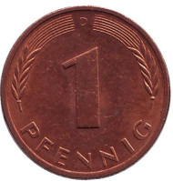 Монета 1 пфенниг. 1995 год (D), ФРГ. Дубовые листья. Монета 1 пфенниг. 1995 год (D), ФРГ. Дубовые листья.