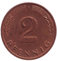 Монета 2 пфеннига. 1978 год (F), ФРГ. Дубовые листья. Монета 2 пфеннига. 1978 год (F), ФРГ. Дубовые листья.