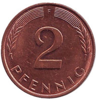 Монета 2 пфеннига. 1996 год (F), ФРГ. Дубовые листья. Монета 2 пфеннига. 1996 год (F), ФРГ. Дубовые листья.