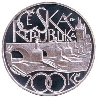 Монета 200 крон. 2007 год, Чехия. (Гурт с надписью). 650 лет Карлову мосту. Монета 200 крон. 2007 год, Чехия. (Гурт с надписью). 650 лет Карлову мосту.