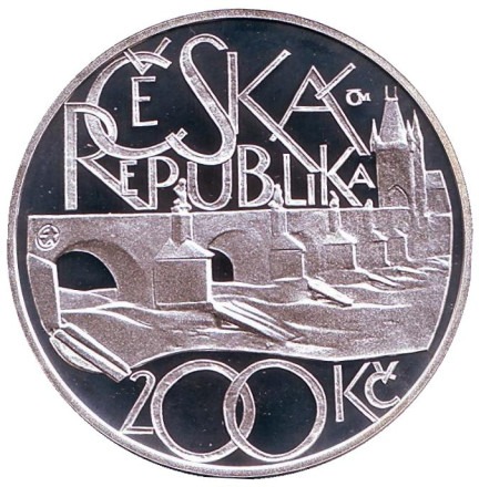 Монета 200 крон. 2007 год, Чехия. (Гурт с надписью). 650 лет Карлову мосту.