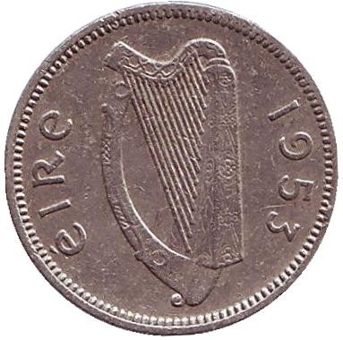 Монета 3 пенса. 1953 год, Ирландия. Заяц. Монета 3 пенса. 1953 год, Ирландия. Заяц.