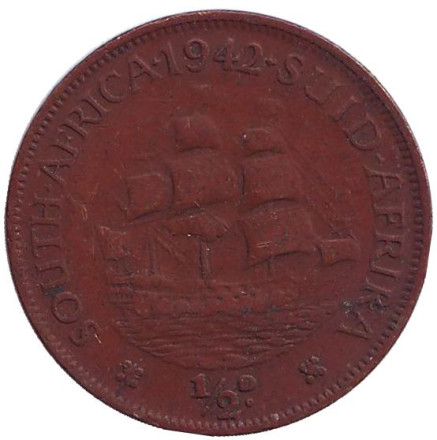 Монета 1/2 пенни, 1942 год, Южная Африка. Корабль "Дромедарис".