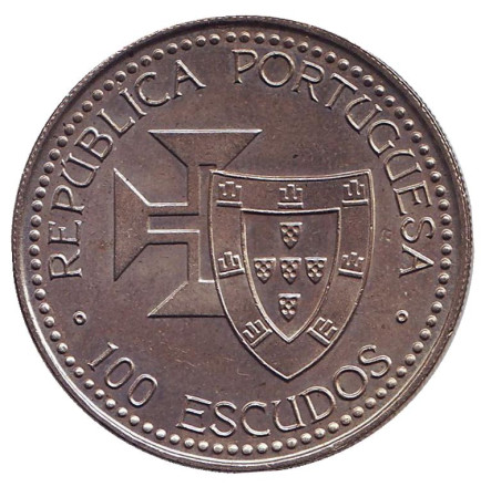 Монета 100 эскудо. 1989 год, Португалия. Открытие острова Мадейра.