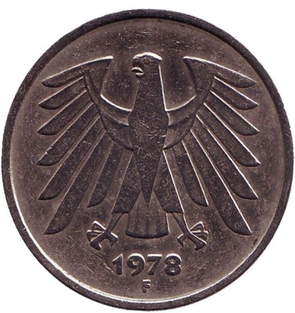 Монета 5 марок. 1978 год (F), ФРГ. Монета 5 марок. 1978 год (F), ФРГ.