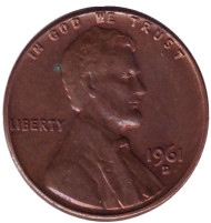 Монета 1 цент. 1961 год (D), США. Линкольн. Монета 1 цент. 1961 год (D), США. Линкольн.
