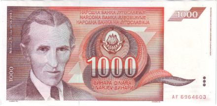 Банкнота 1000 динаров. 1990 год, Югославия. Никола Тесла.