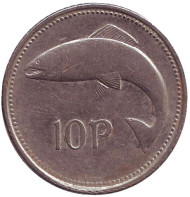 Монета 10 пенсов. 1993 год, Ирландия. Лосось. Монета 10 пенсов. 1993 год, Ирландия. Лосось.