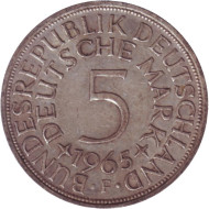Монета 5 марок. 1965 год (F), ФРГ. Монета 5 марок. 1965 год (F), ФРГ.