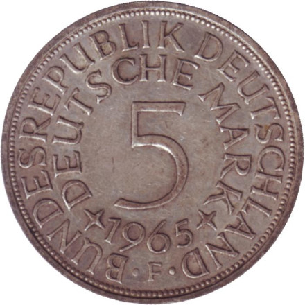 Монета 5 марок. 1965 год (F), ФРГ.