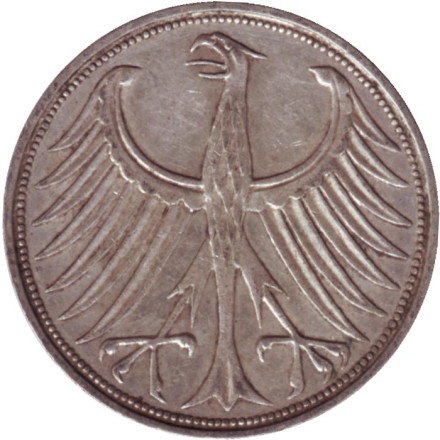 Монета 5 марок. 1965 год (F), ФРГ. Монета 5 марок. 1965 год (F), ФРГ.