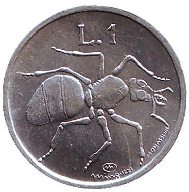Монета 1 лира. 1974 год, Сан-Марино. Муравей.