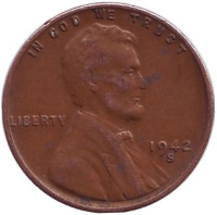 Линкольн. Монета 1 цент. 1942 год (S), США.