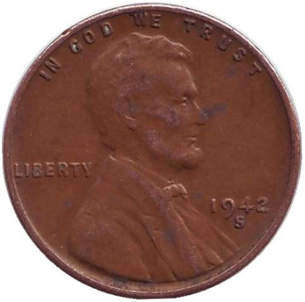 Монета 1 цент. 1942 год (S), США. Линкольн.