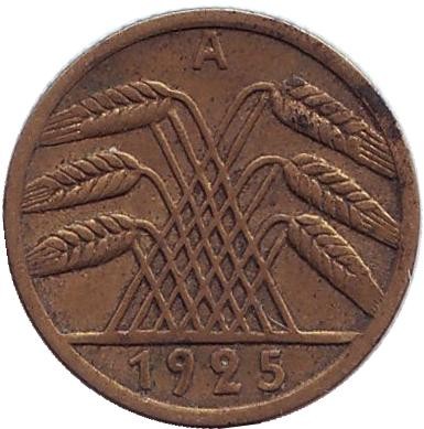 Монета 5 рейхспфеннигов. 1925 год (А), Веймарская республика. Монета 5 рейхспфеннигов. 1925 год (А), Веймарская республика.