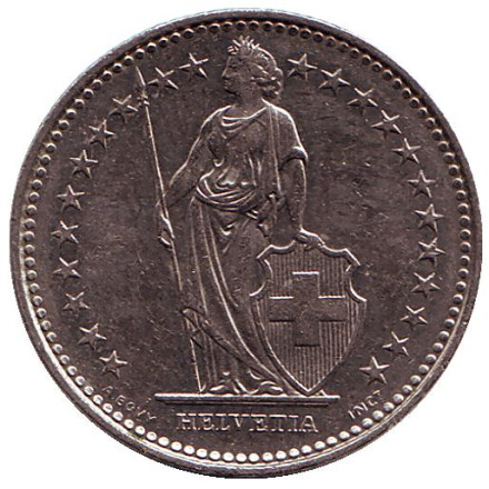 Монета 1 франк. 1989 (В) год, Швейцария. Гельвеция.