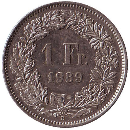 Монета 1 франк. 1989 (В) год, Швейцария. Гельвеция.