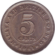 Монета 5 центов. 1961 год, Малайя и Британское Борнео. (Из обращения). Монета 5 центов. 1961 год, Малайя и Британское Борнео. (Из обращения).