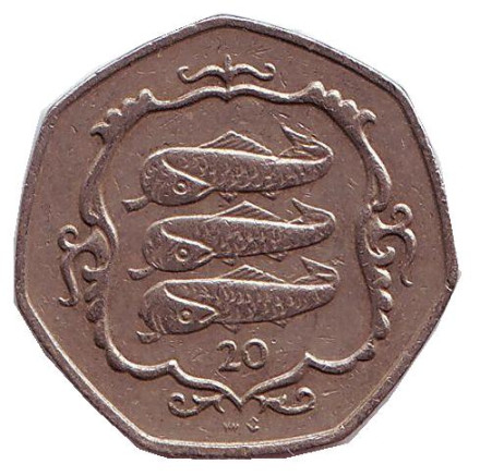 Монета 20 пенсов. 1986 год (AC), Остров Мэн. Атлантическая сельдь.