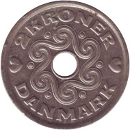 Монета 2 кроны. 2002 год, Дания. Монета 2 кроны. 2002 год, Дания.