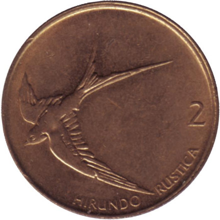 Монета 2 толара. 1999 год, Словения. Деревенская ласточка.