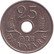 Монета 25 эре. 1968 год, Дания. Монета 25 эре. 1968 год, Дания.