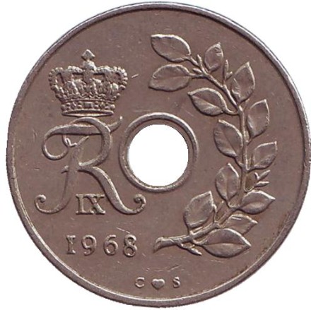 Монета 25 эре. 1968 год, Дания. Монета 25 эре. 1968 год, Дания.