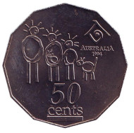 Монета 50 центов. 1994 год, Австралия. UNC. Международный год семьи. Монета 50 центов. 1994 год, Австралия. UNC. Международный год семьи.