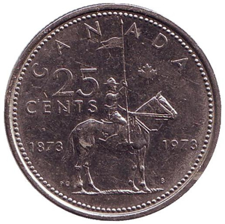 Монета 25 центов. 1973 год, Канада. 100 лет конной полиции Канады.