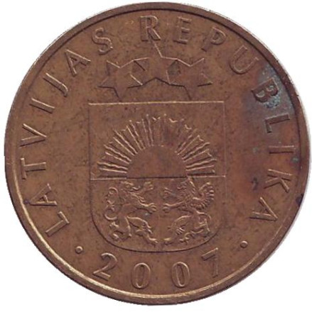 Монета 20 сантимов, 2007 год, Латвия. Из обращения. Монета 20 сантимов, 2007 год, Латвия. Из обращения.